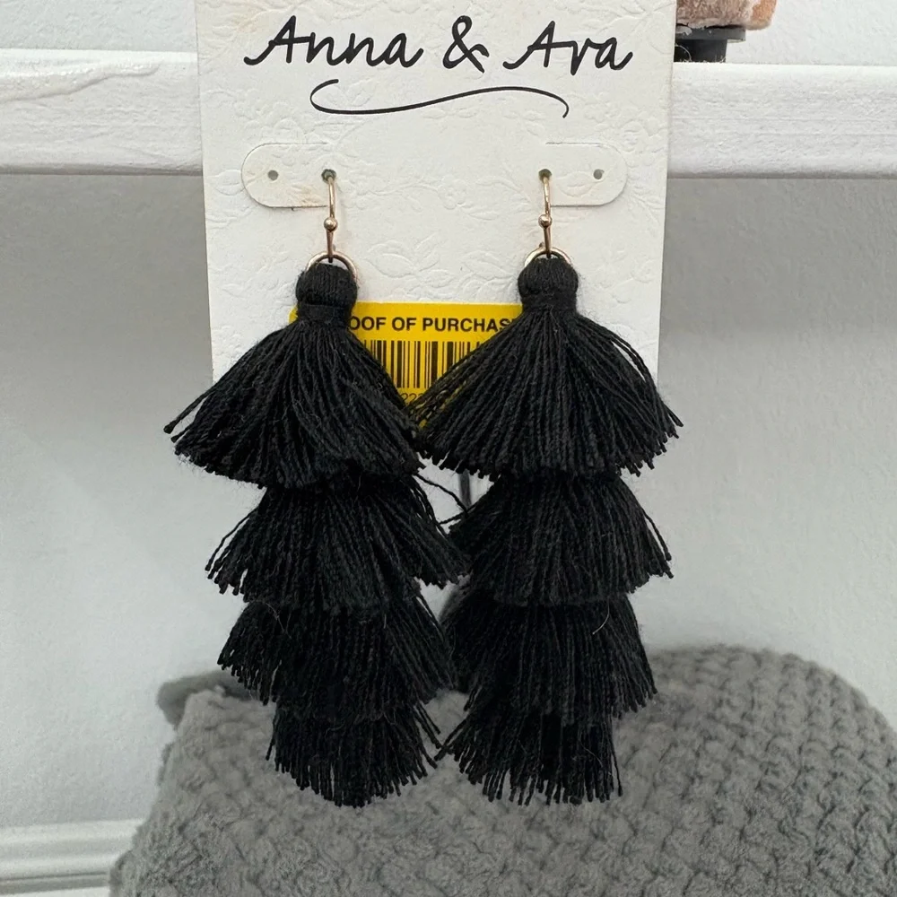 Anna & Ava Black Tiered Tassel Earrings NWT